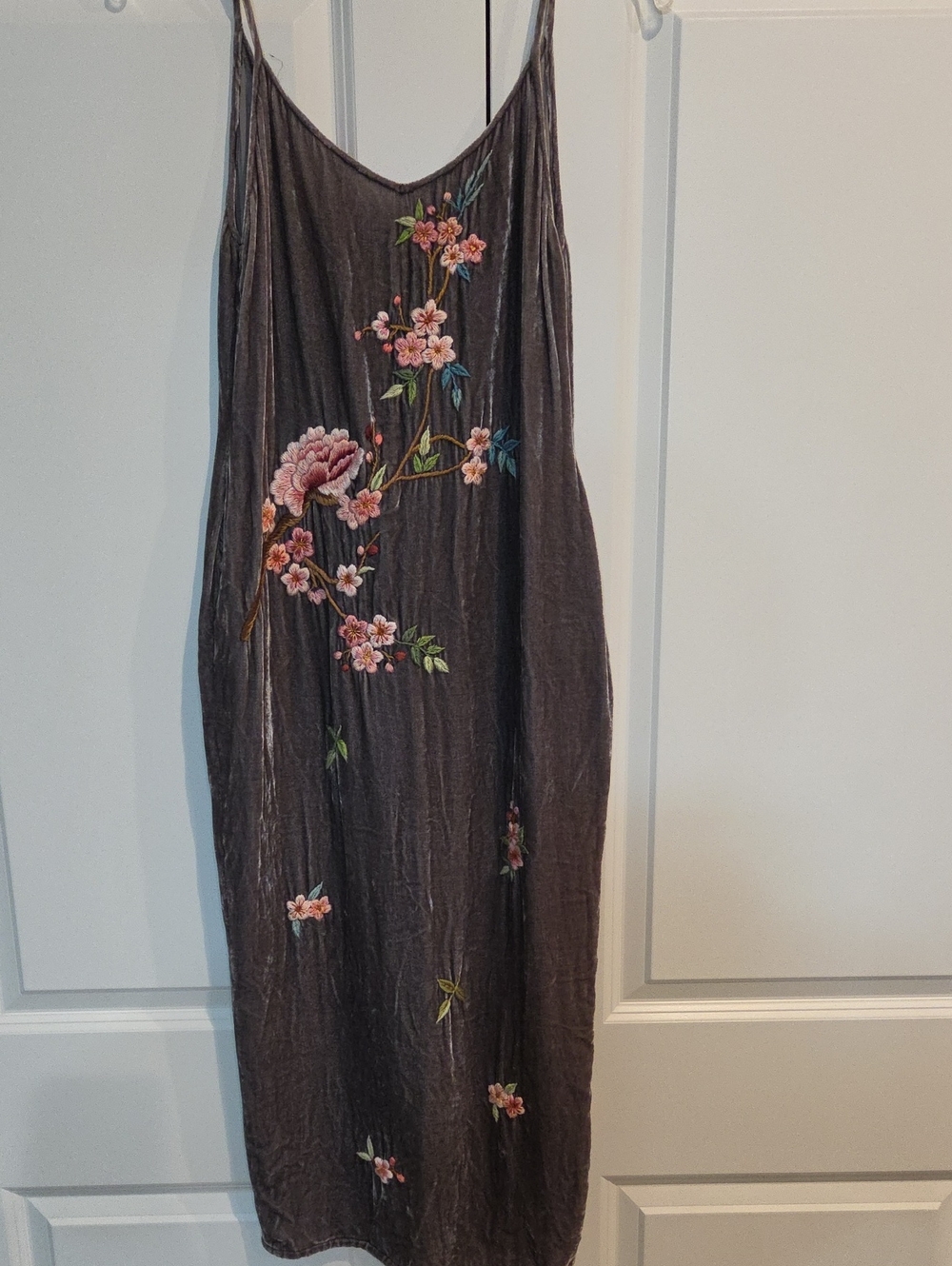 Sleeveless Pewter Maxi Slip Dress with Pink Floral Embroidery